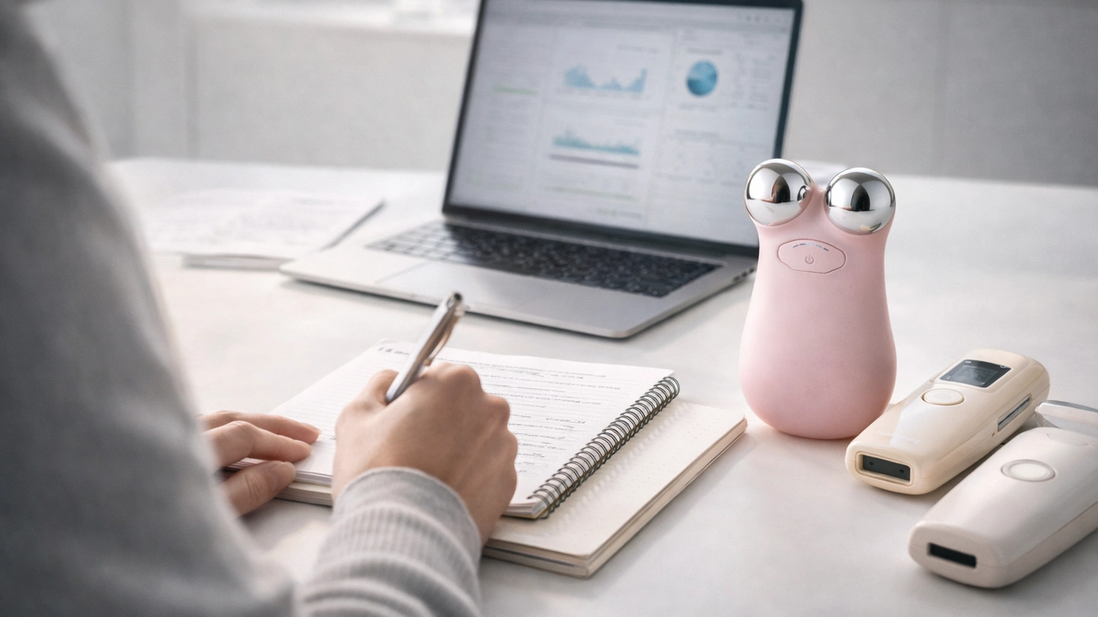Hands taking notes beside beauty devices with a laptop showing analysis charts
