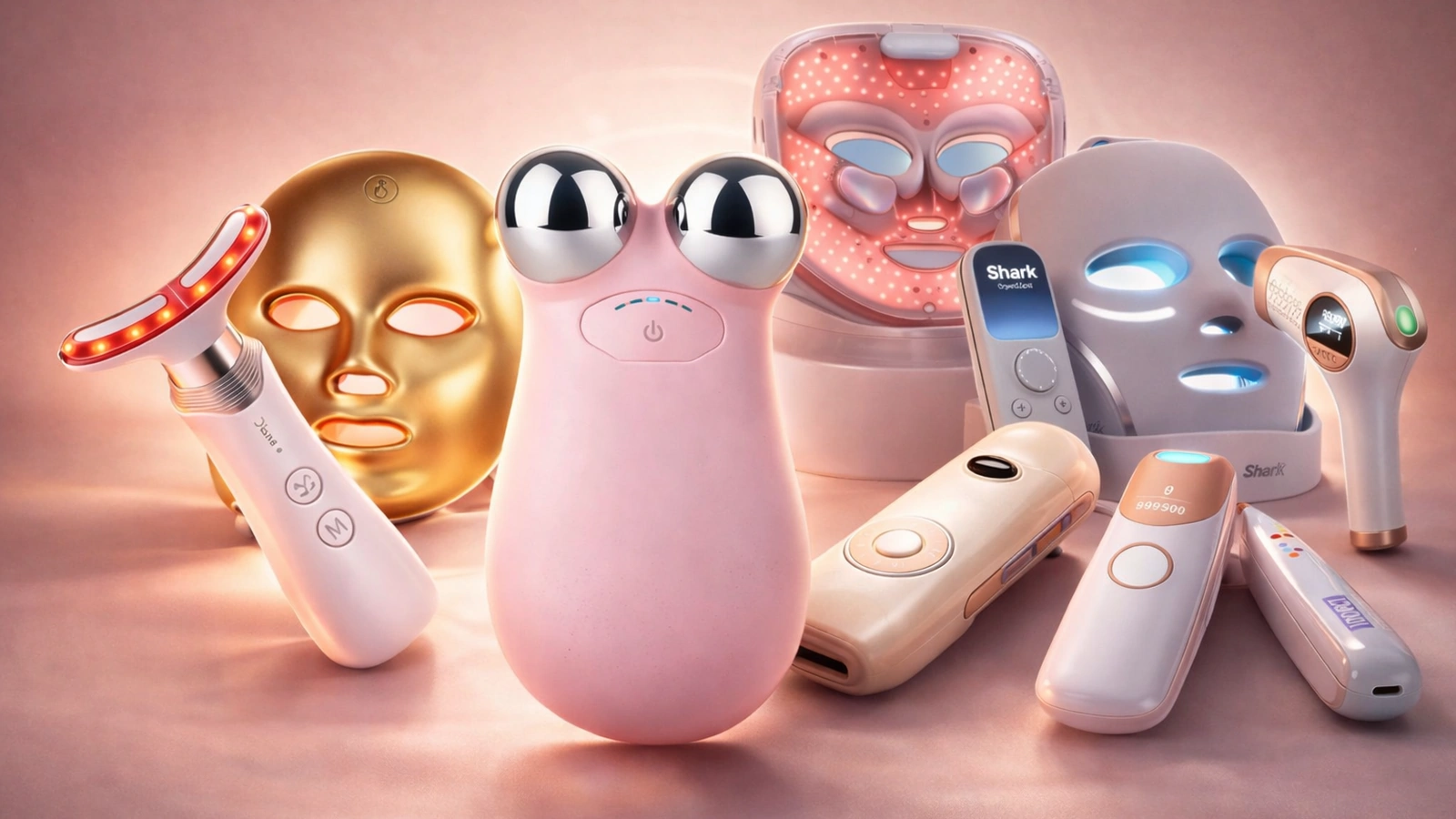 At-home beauty devices in a premium editorial layout: IPL, LED mask, and microcurrent tools
