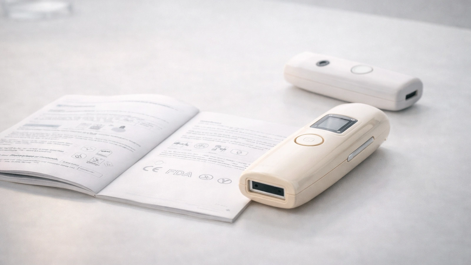 Beauty device placed beside an instruction manual in a clean, clinical setup