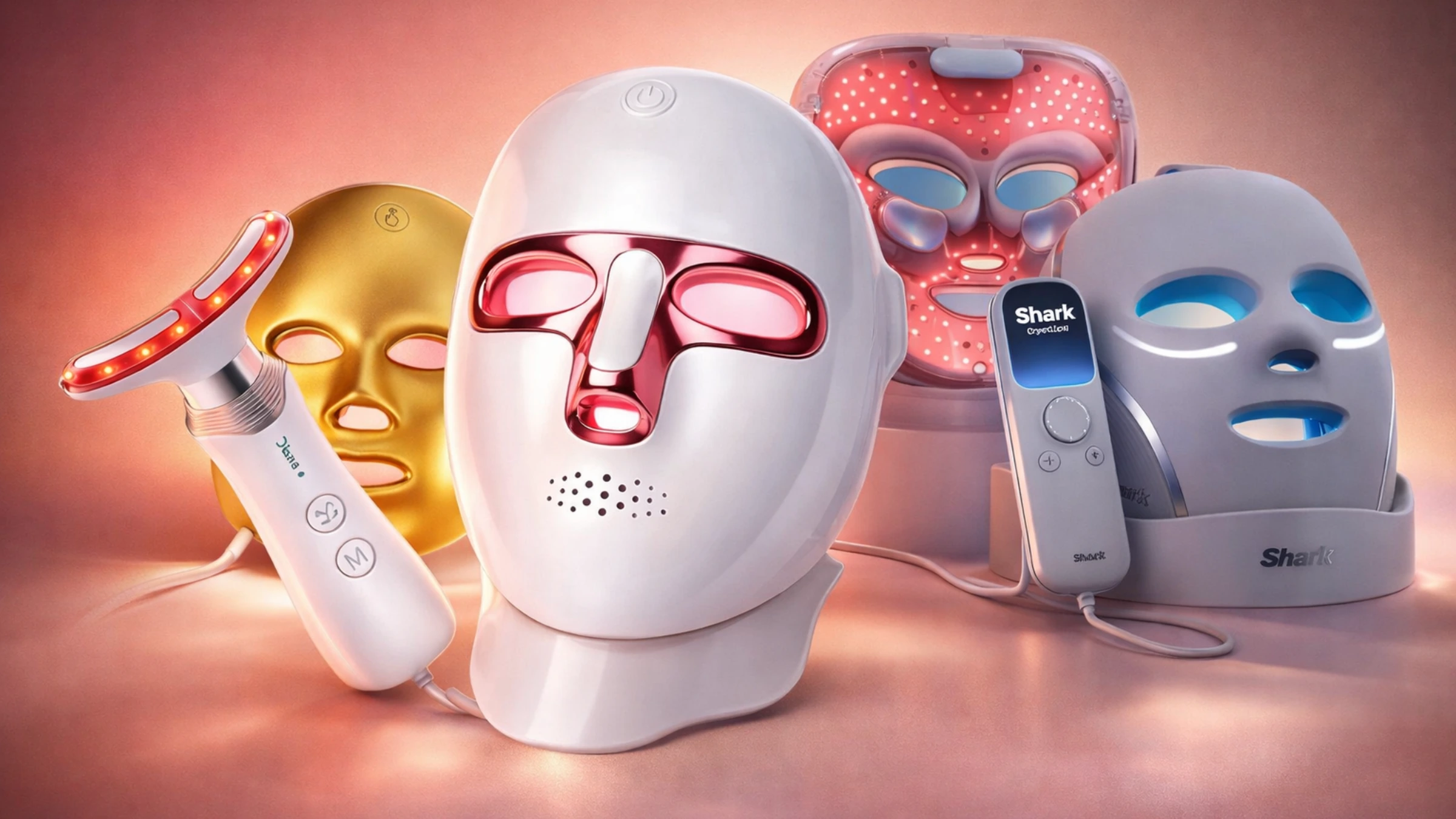 Premium LED face masks and light therapy devices arranged in a clean editorial layout