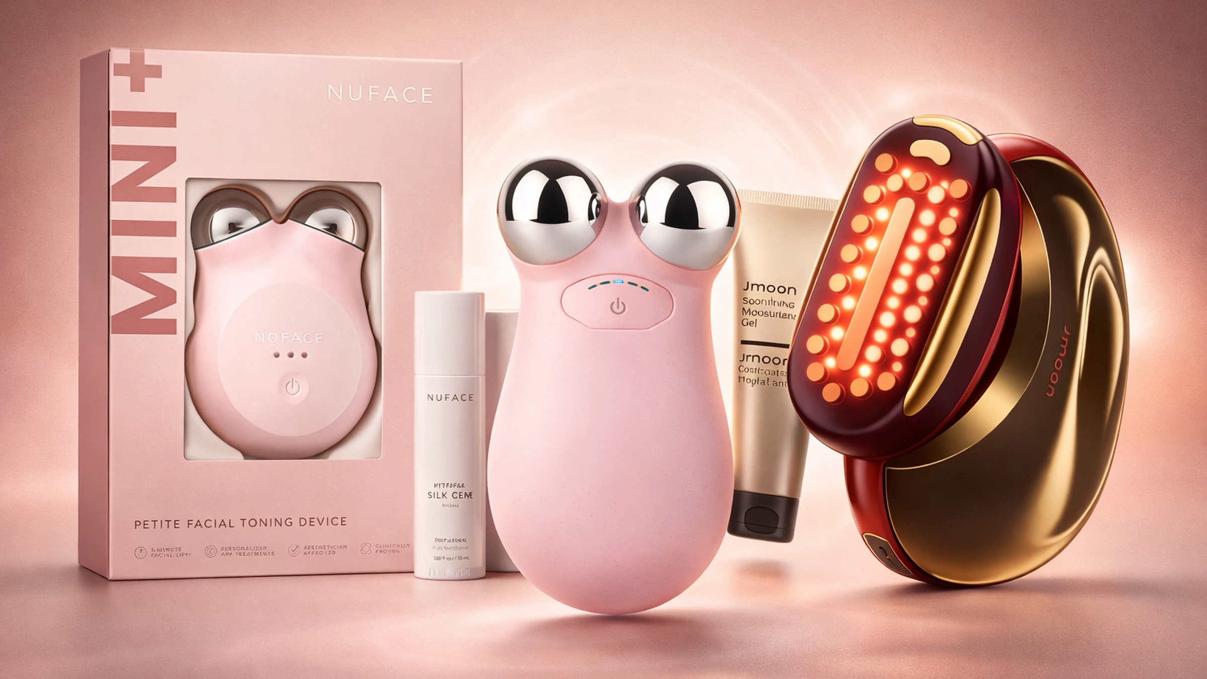 Premium at-home microcurrent facial devices arranged in a calm editorial layout